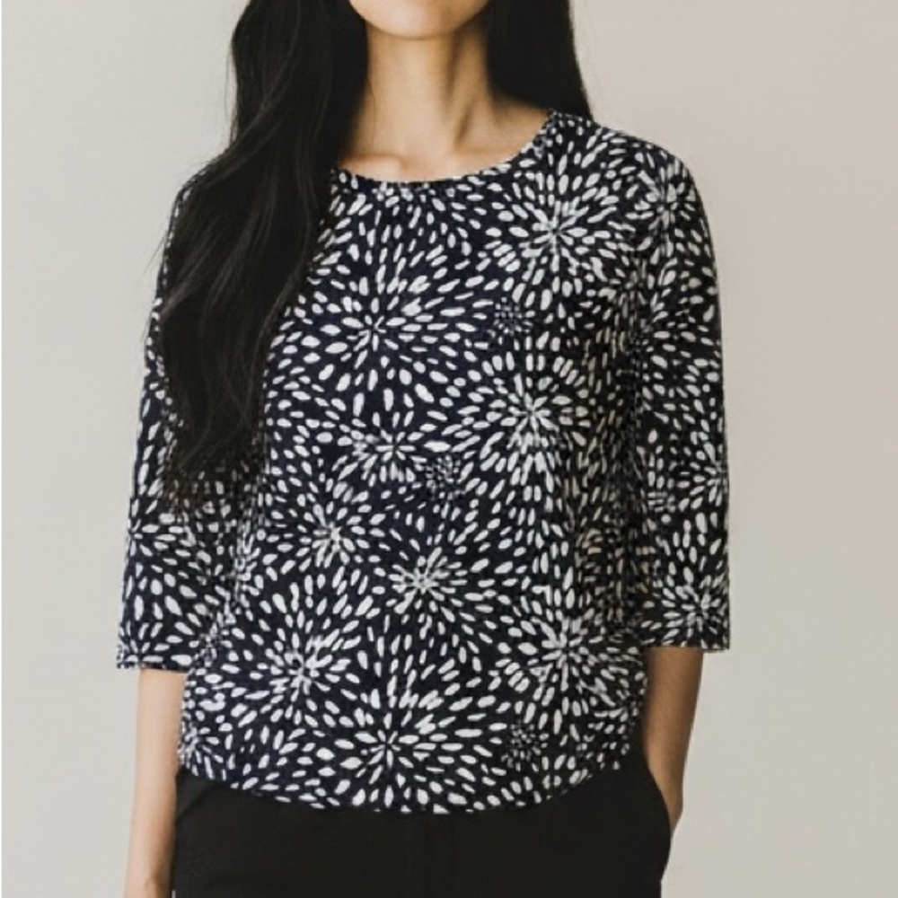 Emily Daniels PS Dark Navy Textured Top 3/4 Sleeve Stretch Elegant Blouse D70